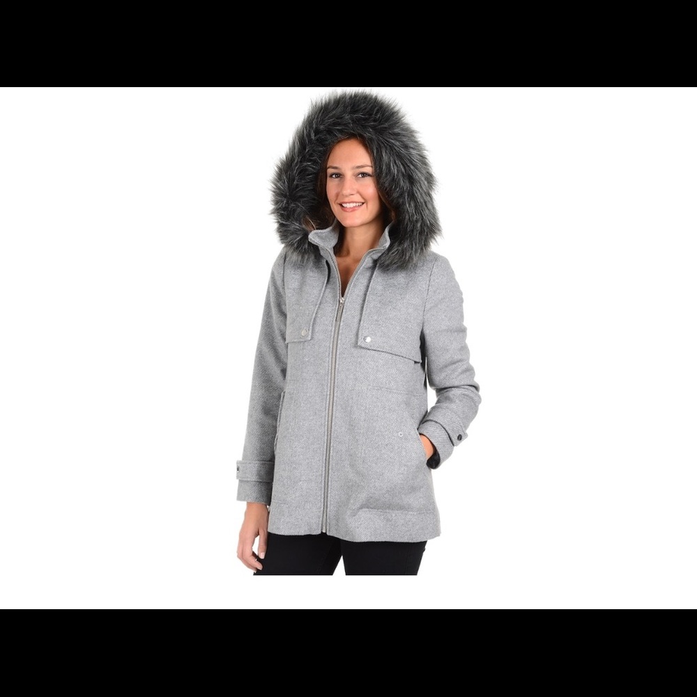 Women's Kensie Faux-Fur Hooded Tweed Jacket GRAY - Picture 3 of 4